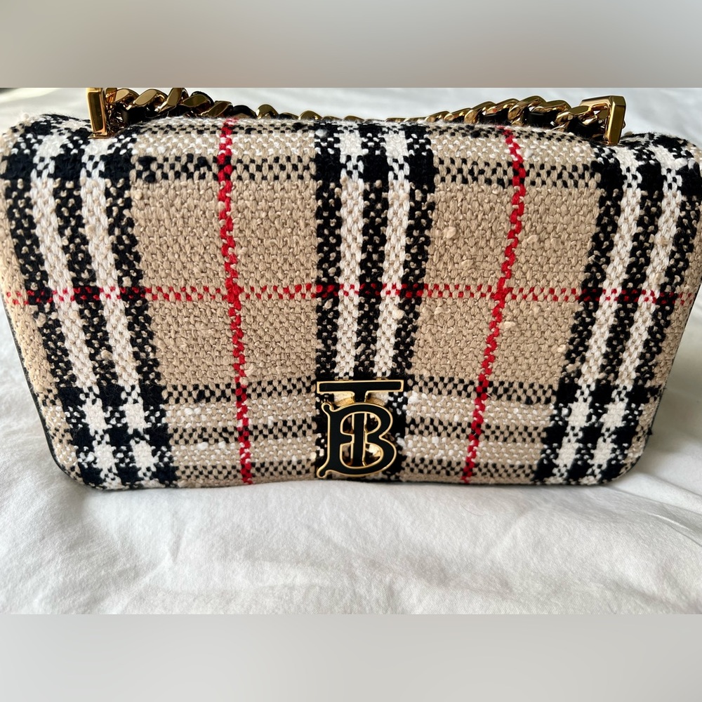 Burberry Beige Black Red Check Woven Crossbody Bag with Gold Chain - Picture 6 of 8
